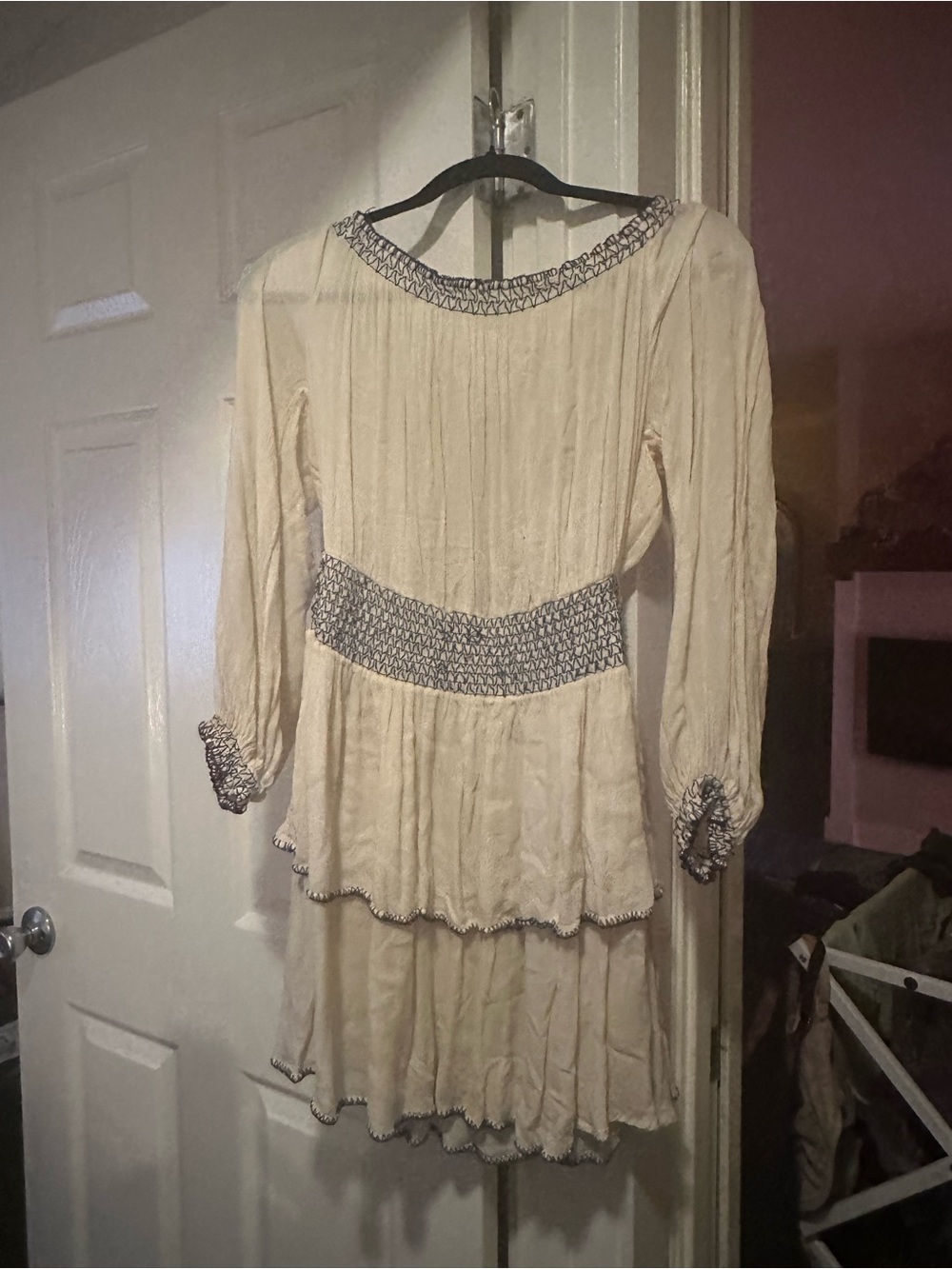 Urban Outfitters Cream & Navy Smocked-Waist Boho Dress M
